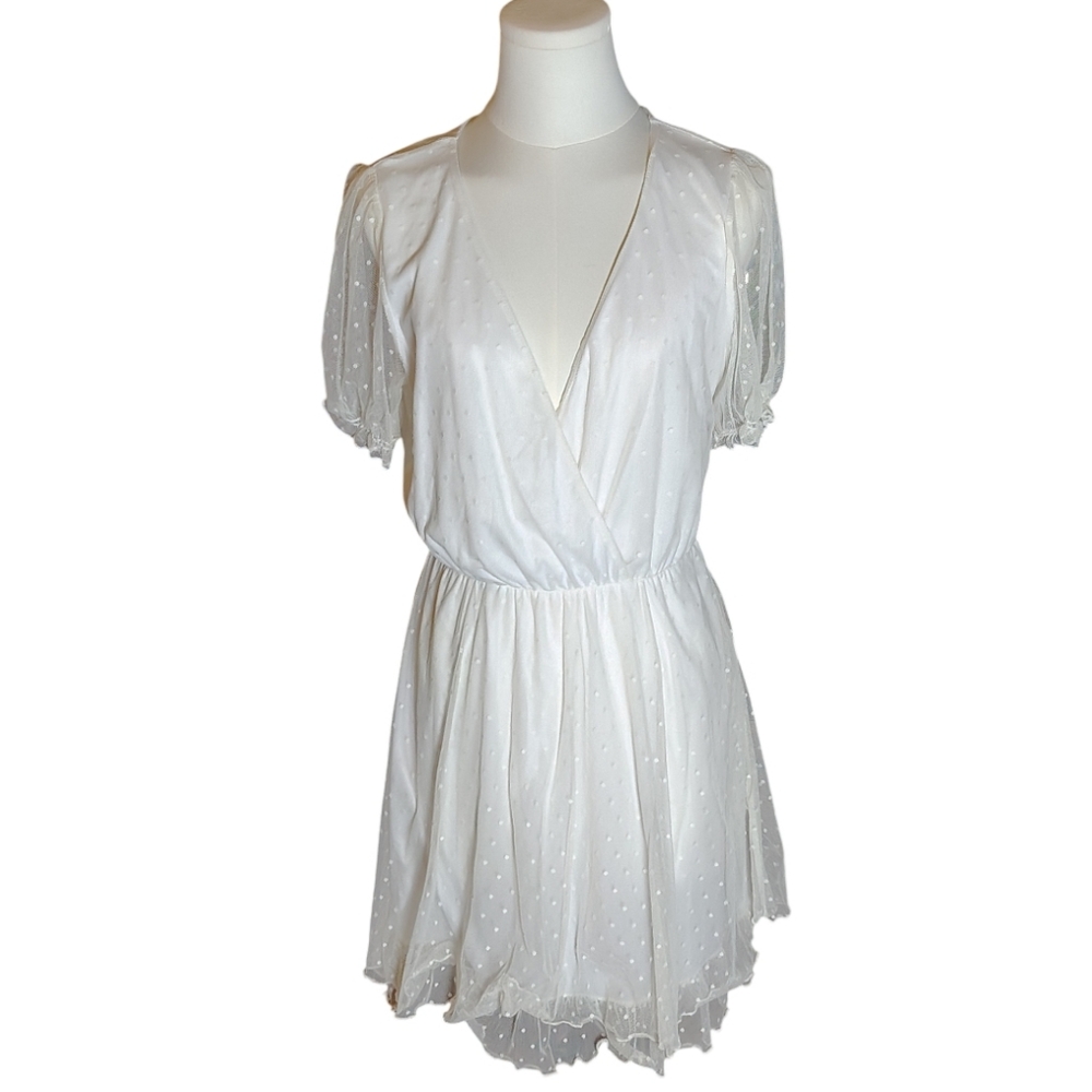 Allison & Kelly White Ruffle Sheer Polka Dot Lace Short Sleeve Dress Size Large